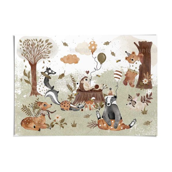 xartino_soupla_paper_placemat_tea_towel_vaptisis_baptism_tsantakides_TS742_zwakia_tou_dasous_animals_of_the_forest Σουπλά Βάπτισης