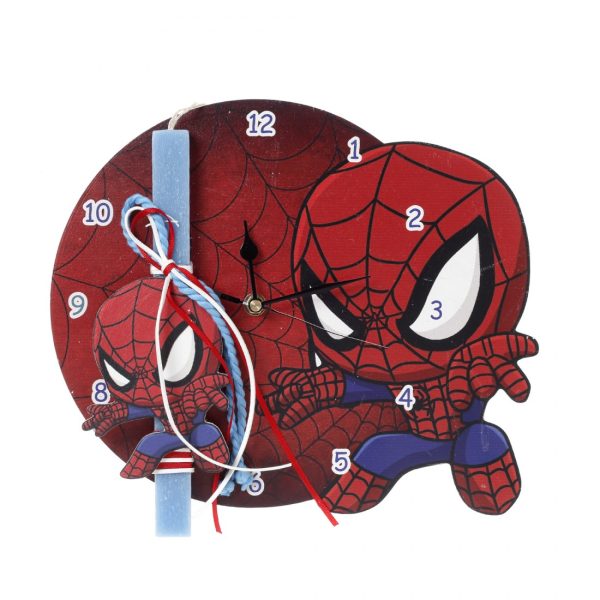 Πασχαλινή λαμπάδα ρολόι με θέμα spiderman σε εκτυπωμένη ξύλινη βάση Υ.33 Π.28