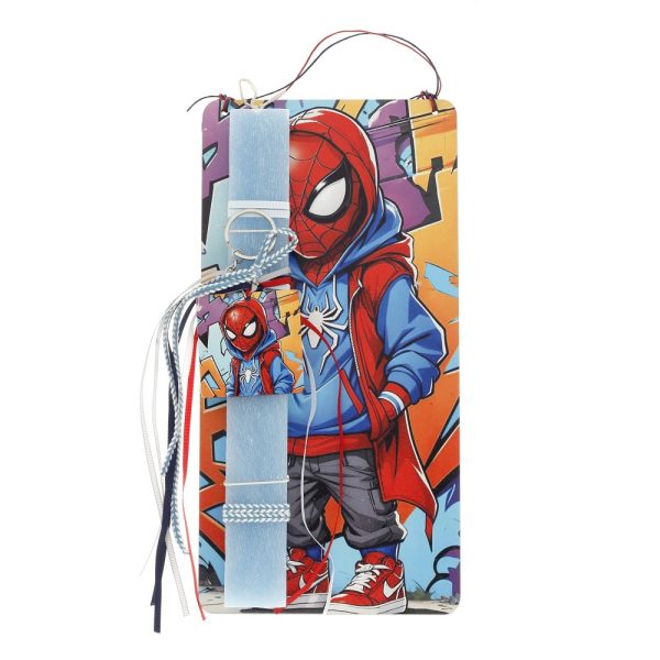 bel_pasxa-spiderman-2599 Αρωματική χειροποίητη πασχαλινή λαμπάδα με θέμα spiderman σε ξύλινη εκτυπωμένη πλάτη