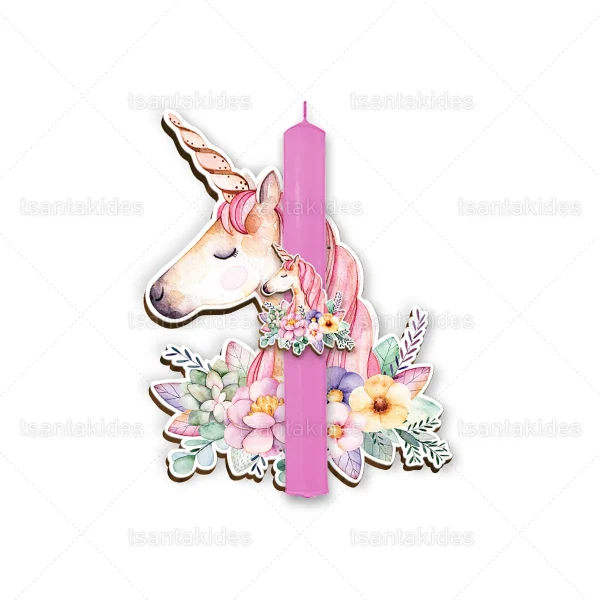 Πασχαλινή Λαμπάδα με θέμα Unicorn Μονόκερος για κορίτσι, μια ιδιαίτερη επιλογή που ξεχωρίζει για τον όμορφο σχεδιασμό και τις προσεγμένες λεπτομέρειες. Η διακόσμηση σε αποχρώσεις παστέλ που δημιουργεί ένα τρυφερό και κομψό πασχαλινό δώρο ιδανικό για κορίτσια